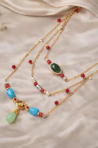 Gold plated multicolor kundan layered necklace