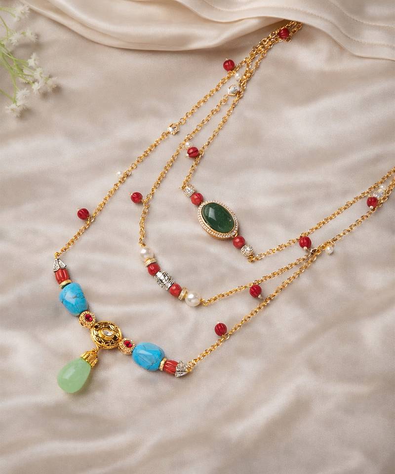 Gold plated multicolor kundan layered necklace