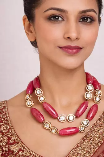 Gold plated pink kundan necklace