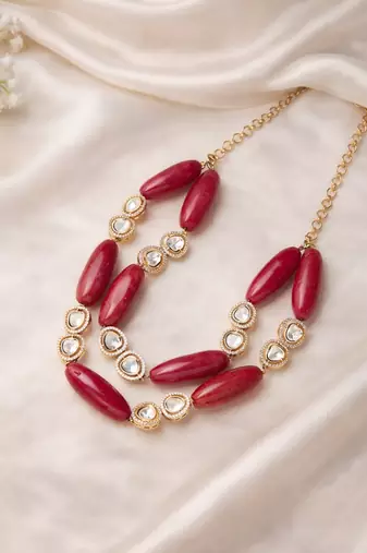 Gold plated pink kundan necklace