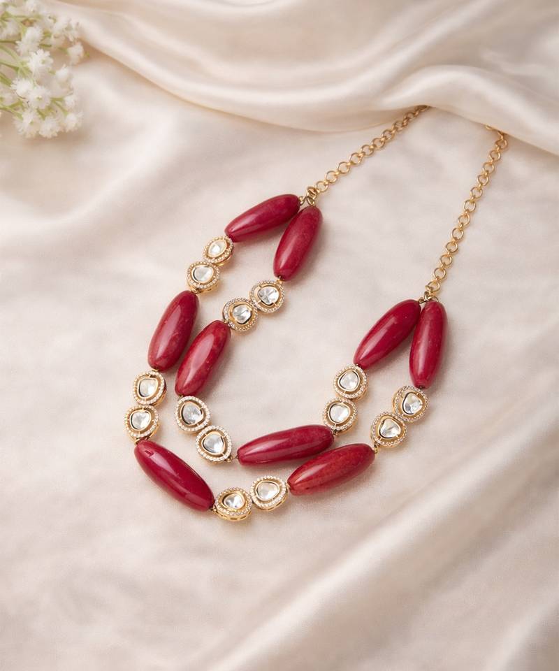Gold plated pink kundan necklace