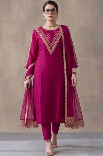 women ethnic motifs embroidered regular thread work kurta & trousers with dupatta