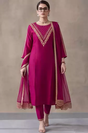 women ethnic motifs embroidered regular thread work kurta & trousers with dupatta