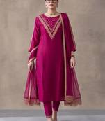 women ethnic motifs embroidered regular thread work kurta & trousers with dupatta