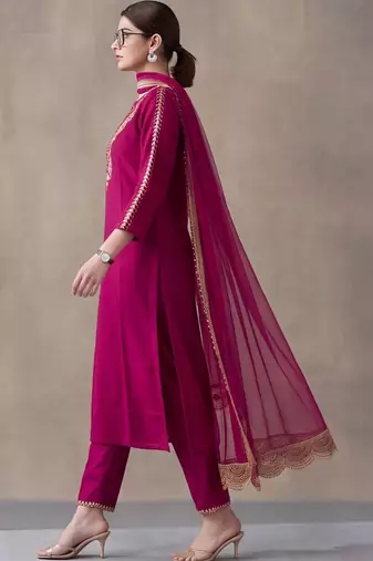 women ethnic motifs embroidered regular thread work kurta & trousers with dupatta
