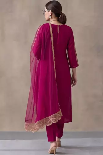 women ethnic motifs embroidered regular thread work kurta & trousers with dupatta