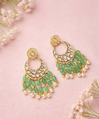 Gold plated green kundan earrings 2