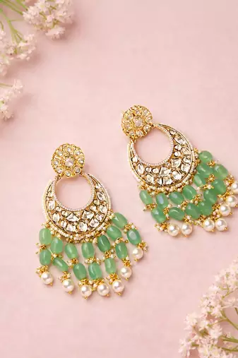 Gold plated green kundan earrings