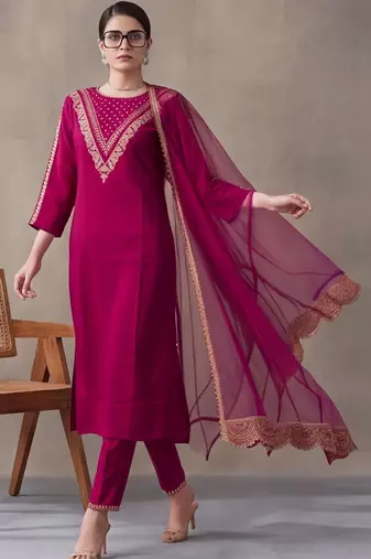 women ethnic motifs embroidered regular thread work kurta & trousers with dupatta