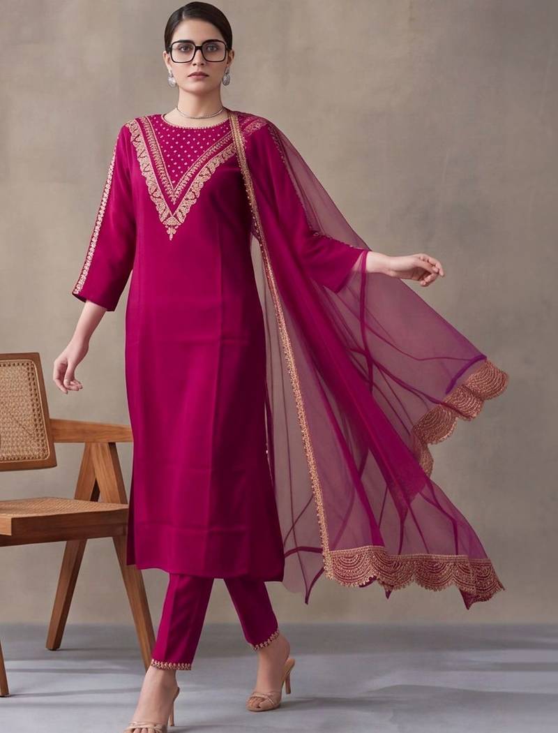 women ethnic motifs embroidered regular thread work kurta & trousers with dupatta
