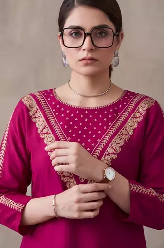 women ethnic motifs embroidered regular thread work kurta & trousers with dupatta