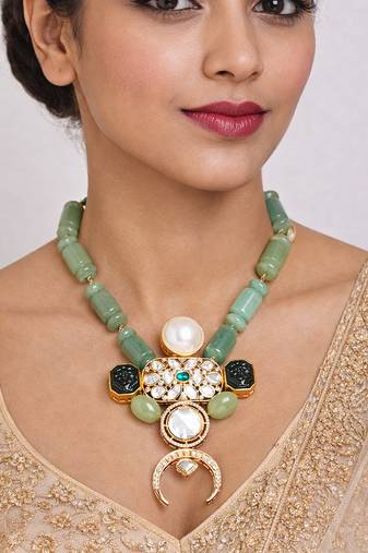 Gold plated green kundan necklace