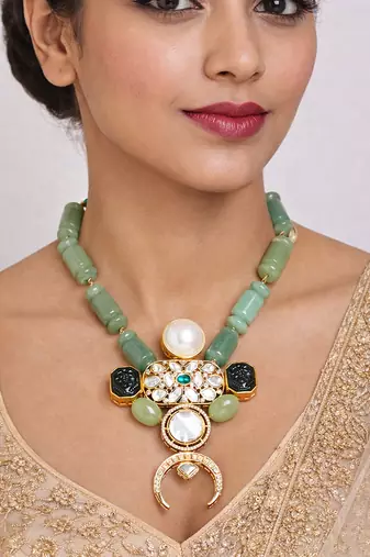 Gold plated green kundan necklace
