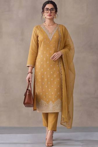 women ethnic motifs embroidered regular thread work kurta trousers & with dupatta