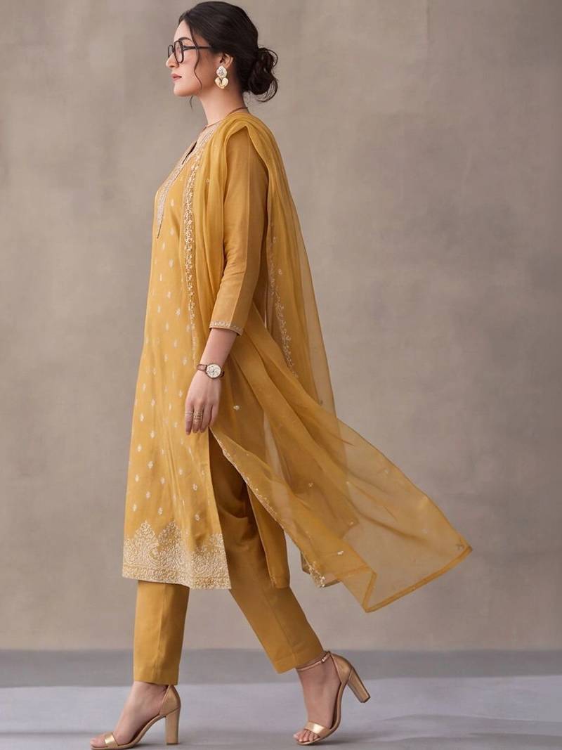 women ethnic motifs embroidered regular thread work kurta trousers & with dupatta