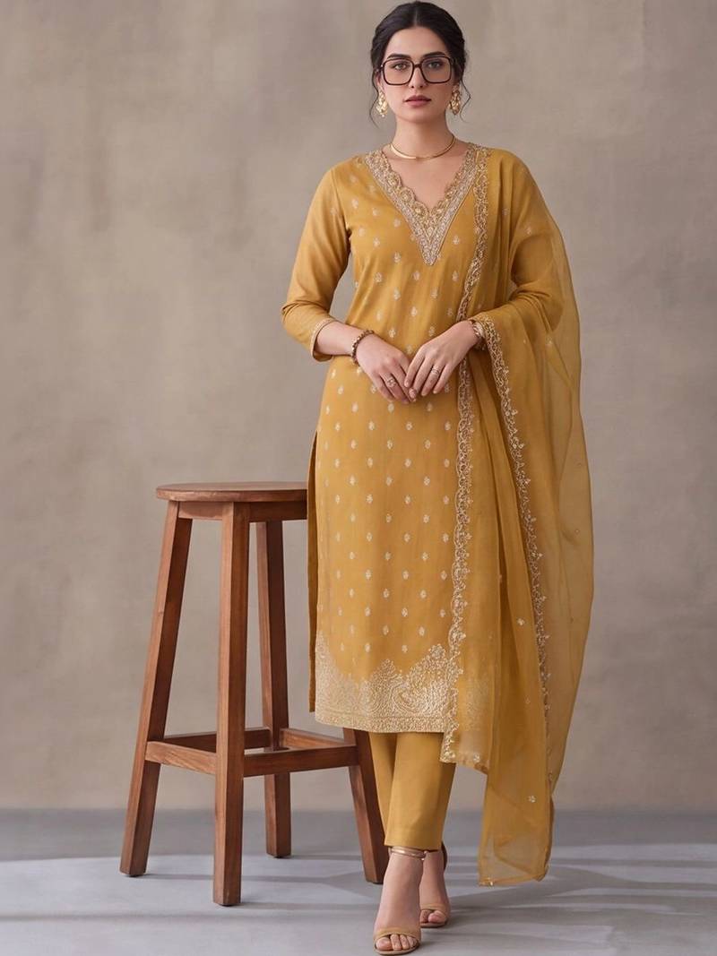 women ethnic motifs embroidered regular thread work kurta trousers & with dupatta