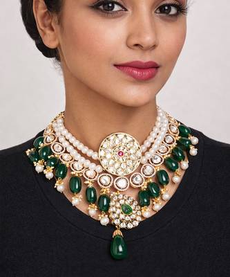 Gold plated green kundan choker necklace 1