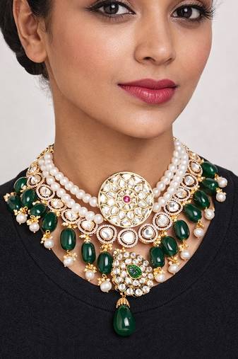 Gold plated green kundan choker necklace