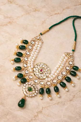 Gold plated green kundan choker necklace