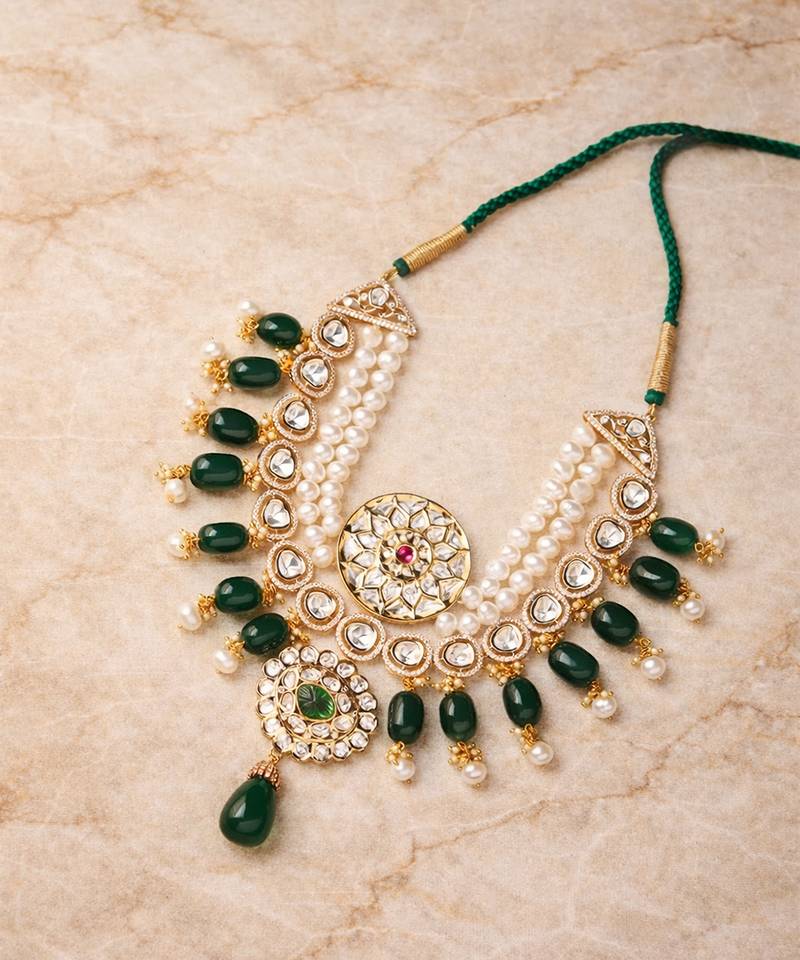 Gold plated green kundan choker necklace