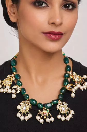 Gold plated green kundan necklace