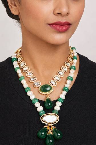 Gold plated green kundan necklace