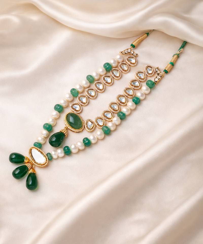 Gold plated green kundan necklace