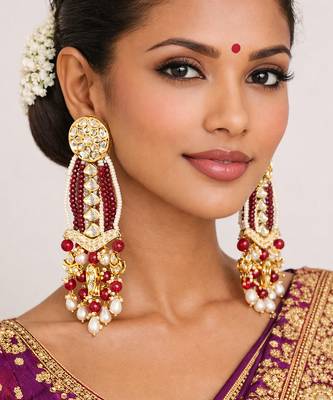 Gold plated red kundan earrings 1
