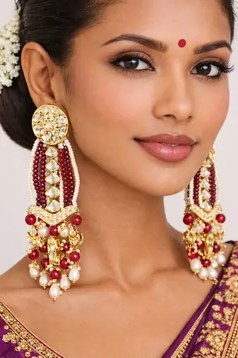 Gold plated red kundan earrings