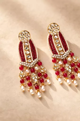 Gold plated red kundan earrings