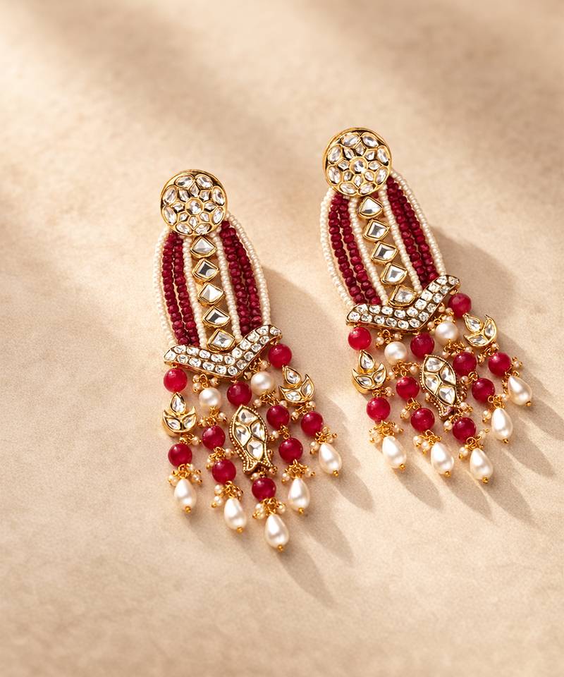 Gold plated red kundan earrings