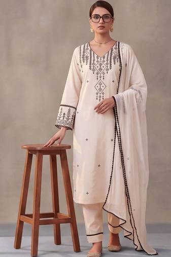 women ethnic motifs embroidered work cotton kurta & trousers with dupatta