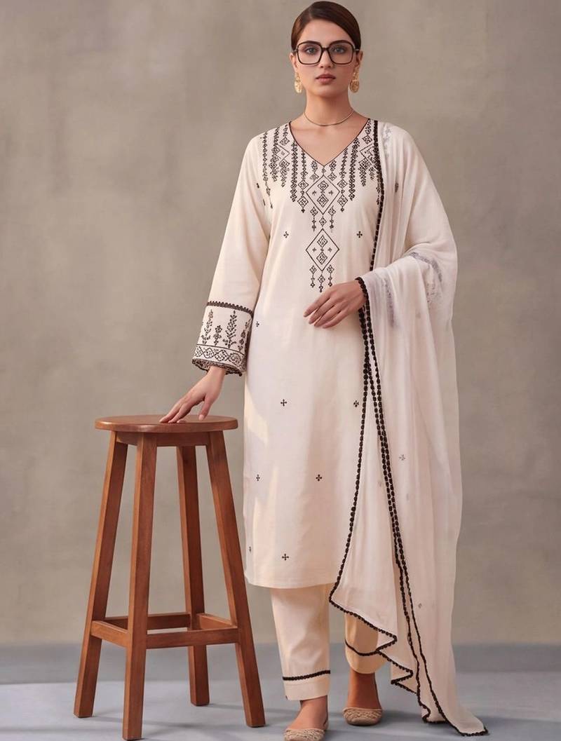 women ethnic motifs embroidered work cotton kurta & trousers with dupatta