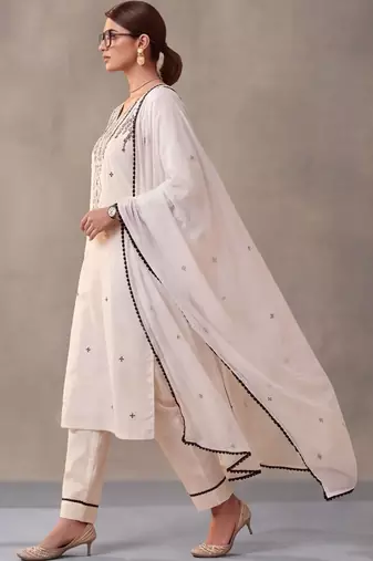 women ethnic motifs embroidered work cotton kurta & trousers with dupatta