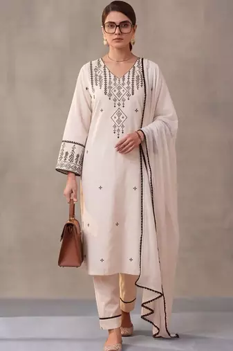 women ethnic motifs embroidered work cotton kurta & trousers with dupatta