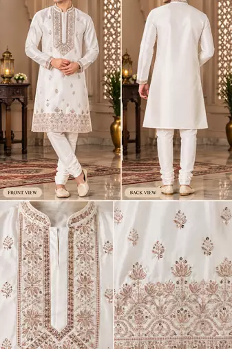 Elegant ivory embroidered kurta set for men