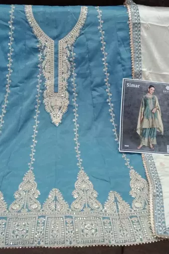 Blue organza semi stitched suit with embroidery & sequence work
