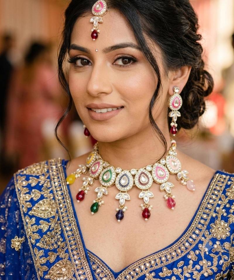 Multi set with earrings & maang tikka kundan & agate stone lekar gold plating