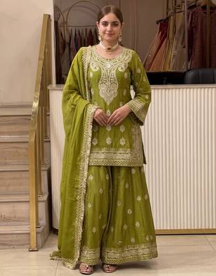 P green chinon readymade suit with embroidery & sequence work 1