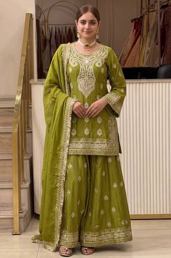 P green chinon readymade suit with embroidery & sequence work