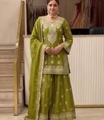 P green chinon readymade suit with embroidery & sequence work
