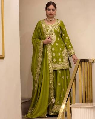 P green chinon readymade suit with embroidery & sequence work 2