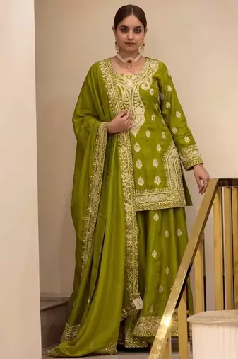 P green chinon readymade suit with embroidery & sequence work