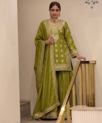 P green chinon readymade suit with embroidery & sequence work 3
