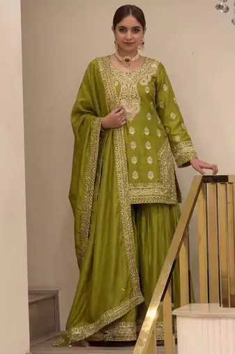 P green chinon readymade suit with embroidery & sequence work