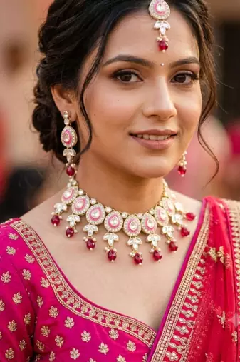 Rani set with earrings & maang tikka kundan & agate stone lekar gold plating