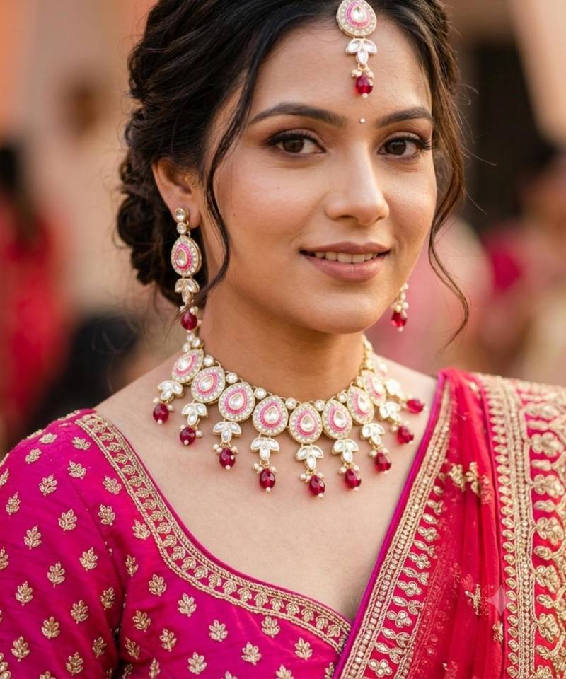 Rani set with earrings & maang tikka kundan & agate stone lekar gold plating