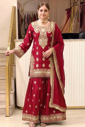 Red chinon readymade suit with embroidery & sequence work