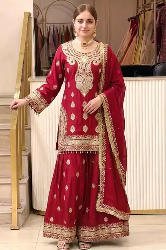 Red chinon readymade suit with embroidery & sequence work