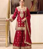 Red chinon readymade suit with embroidery & sequence work